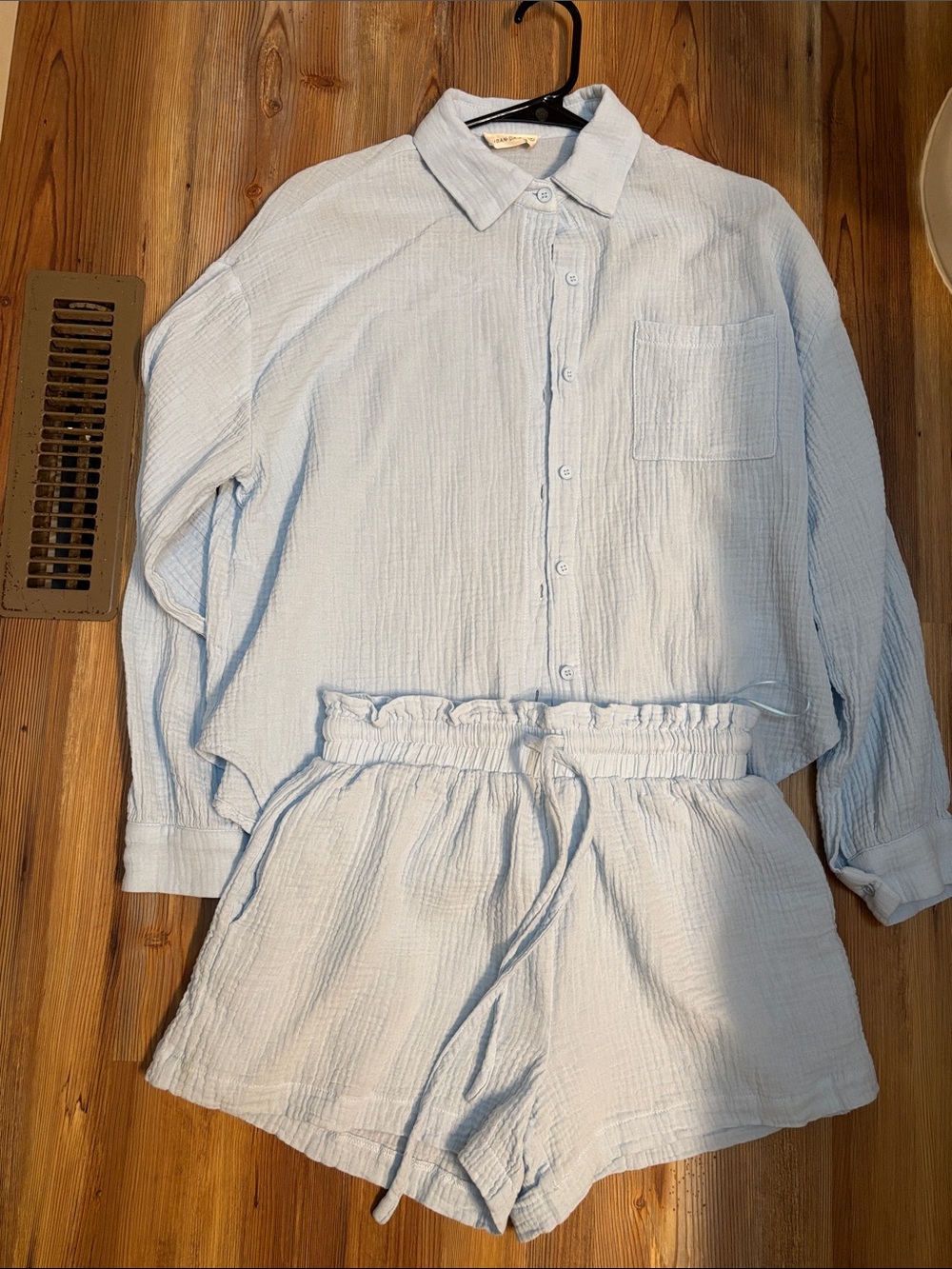 Light Blue Linen Button-Up Top & Drawstring Shorts Set